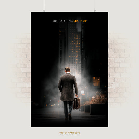 Motivational poster of a businessman walking through misty city streets with the quote “Mist or shine, show up.”