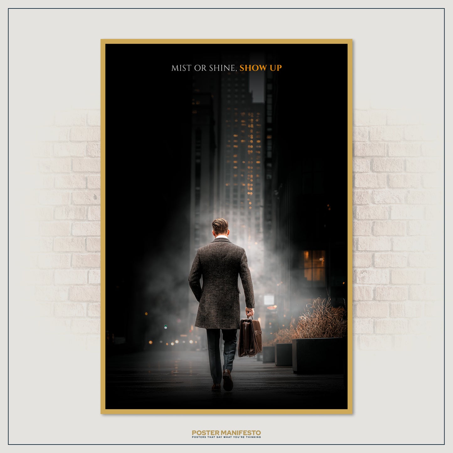 Business-themed motivational décor with man carrying briefcase in city mist, encouraging perseverance and success.