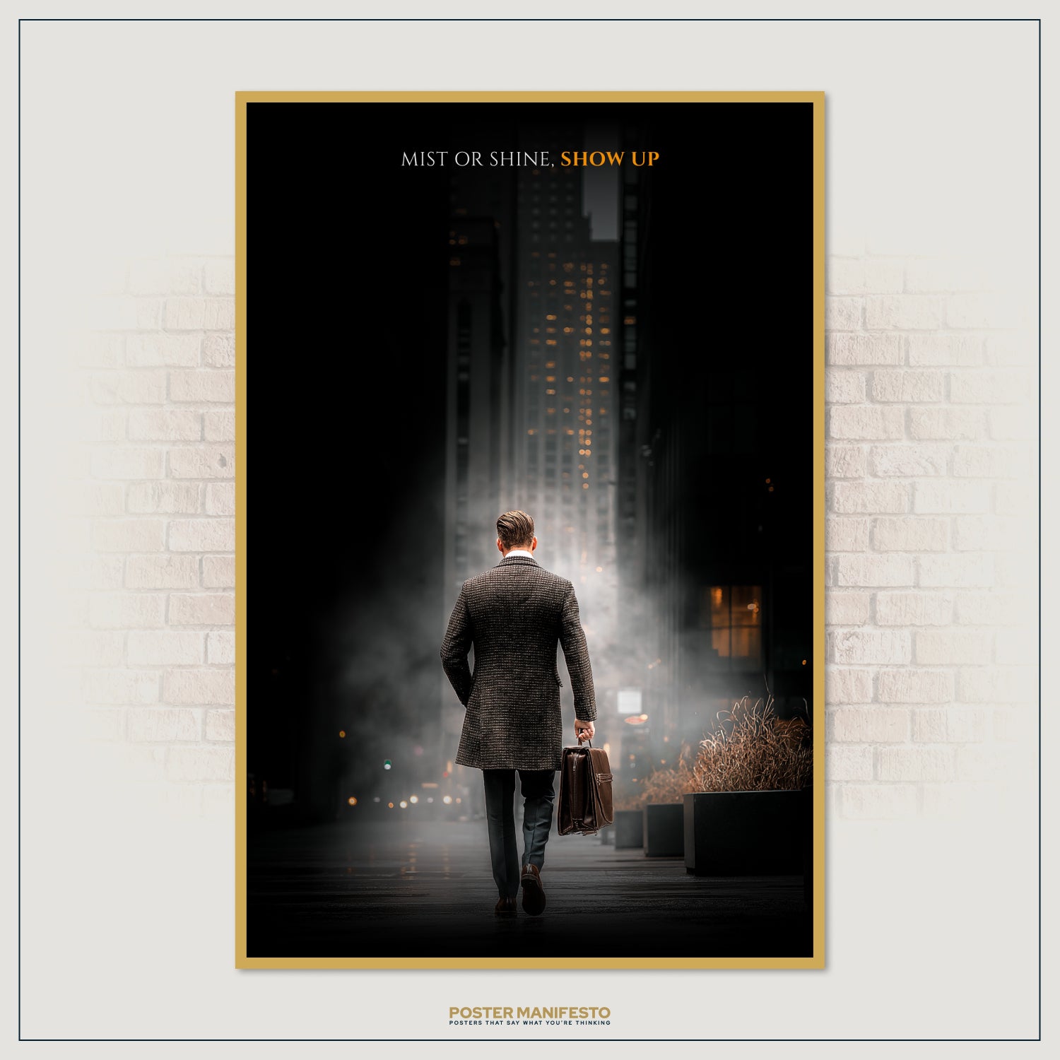 Business-themed motivational décor with man carrying briefcase in city mist, encouraging perseverance and success.