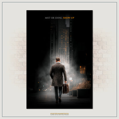 Poster of a man walking with a suitcase towards a cityscape with the text 'Mist or Shine, Show Up'.