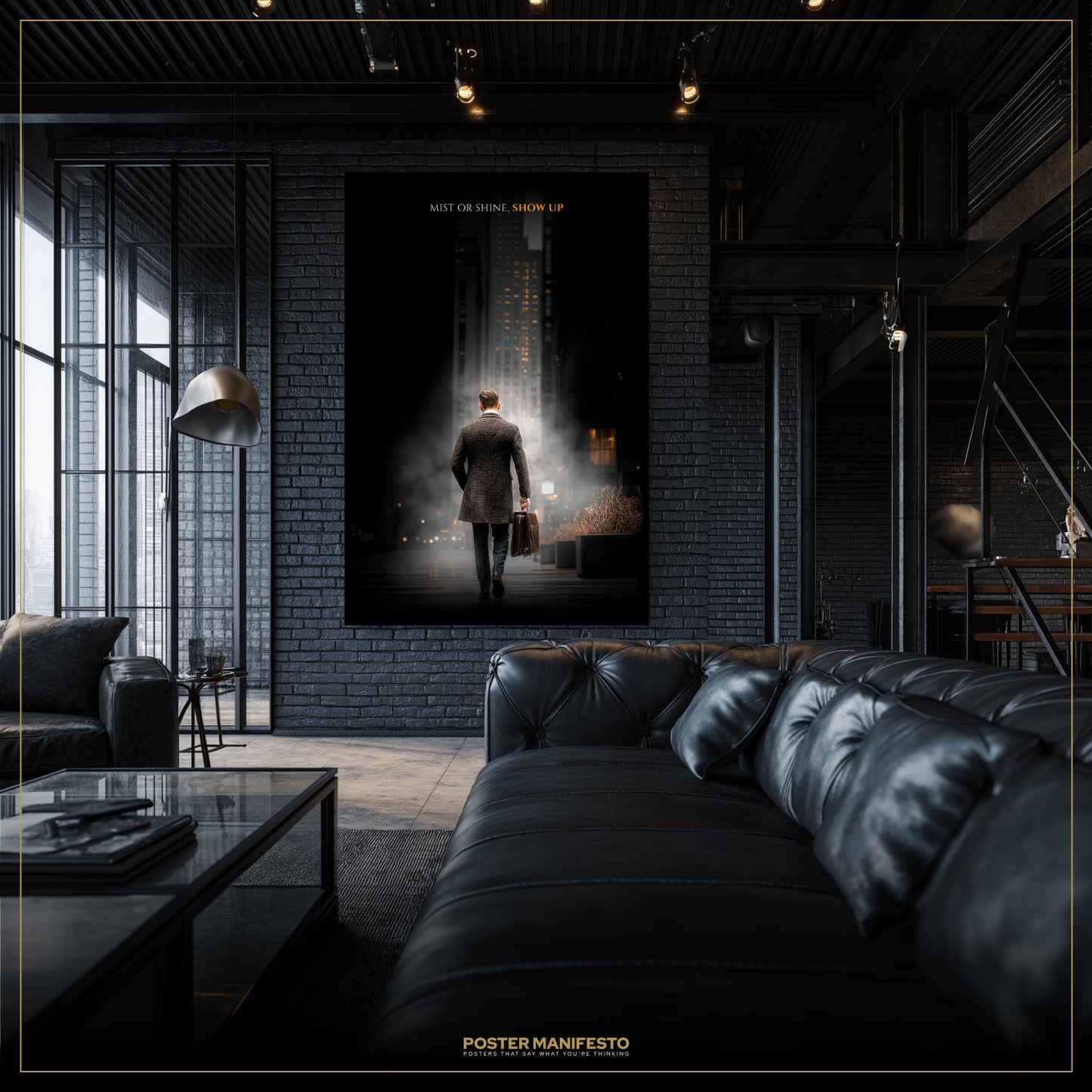 Modern living room with a large movie poster on the wall, featuring a man walking towards a light.