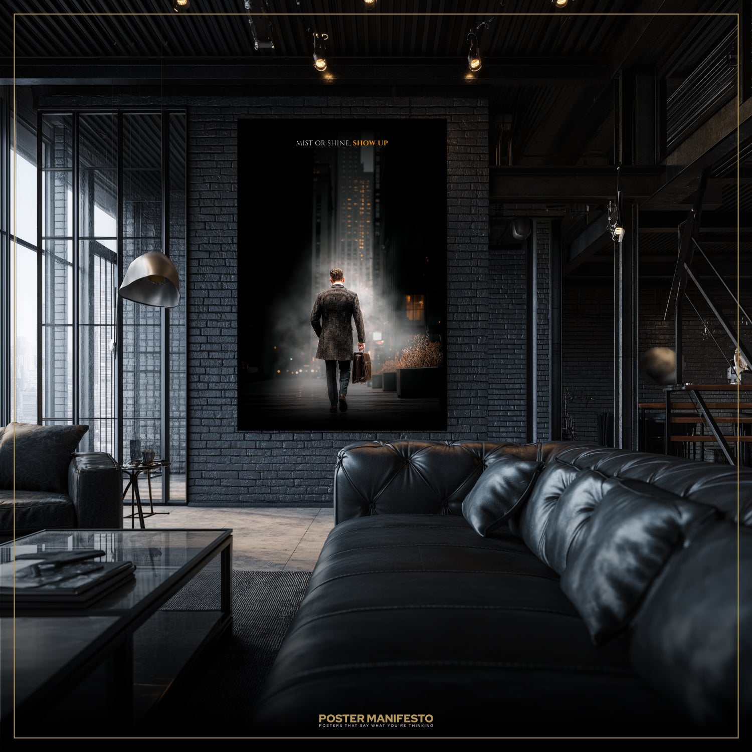 Modern living room with a large movie poster on the wall, featuring a man walking towards a light.