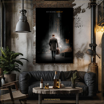 Poster of a man walking down a street on a wall in a stylish living room.