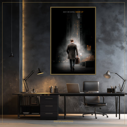 Modern office setup with a framed movie poster on the wall