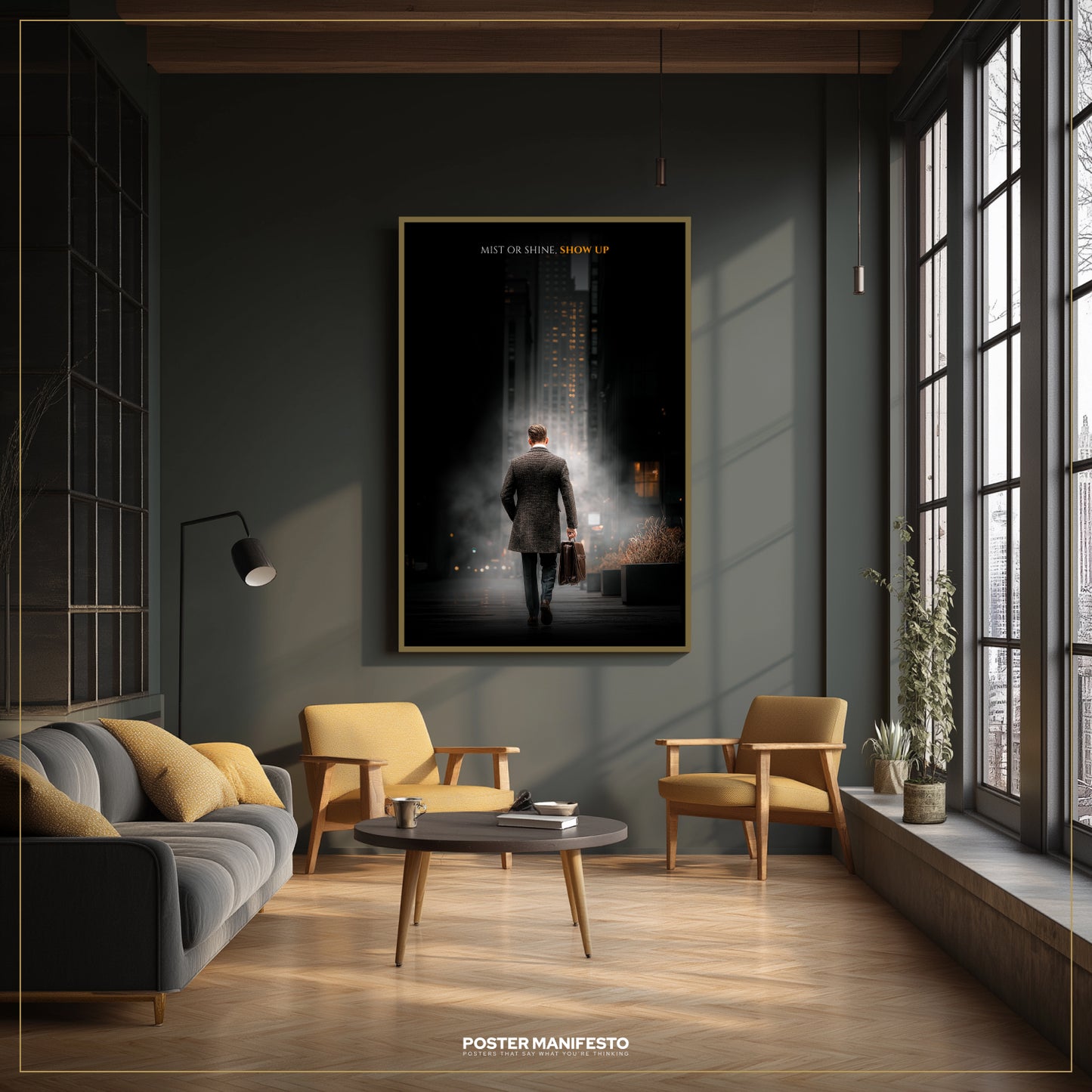 Modern living room with a large movie poster on the wall