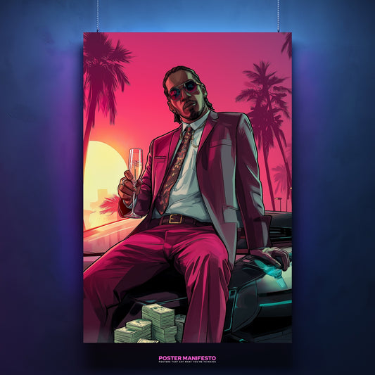 Miami neon poster featuring a man in a suit with champagne, stacks of cash, and a luxury car.