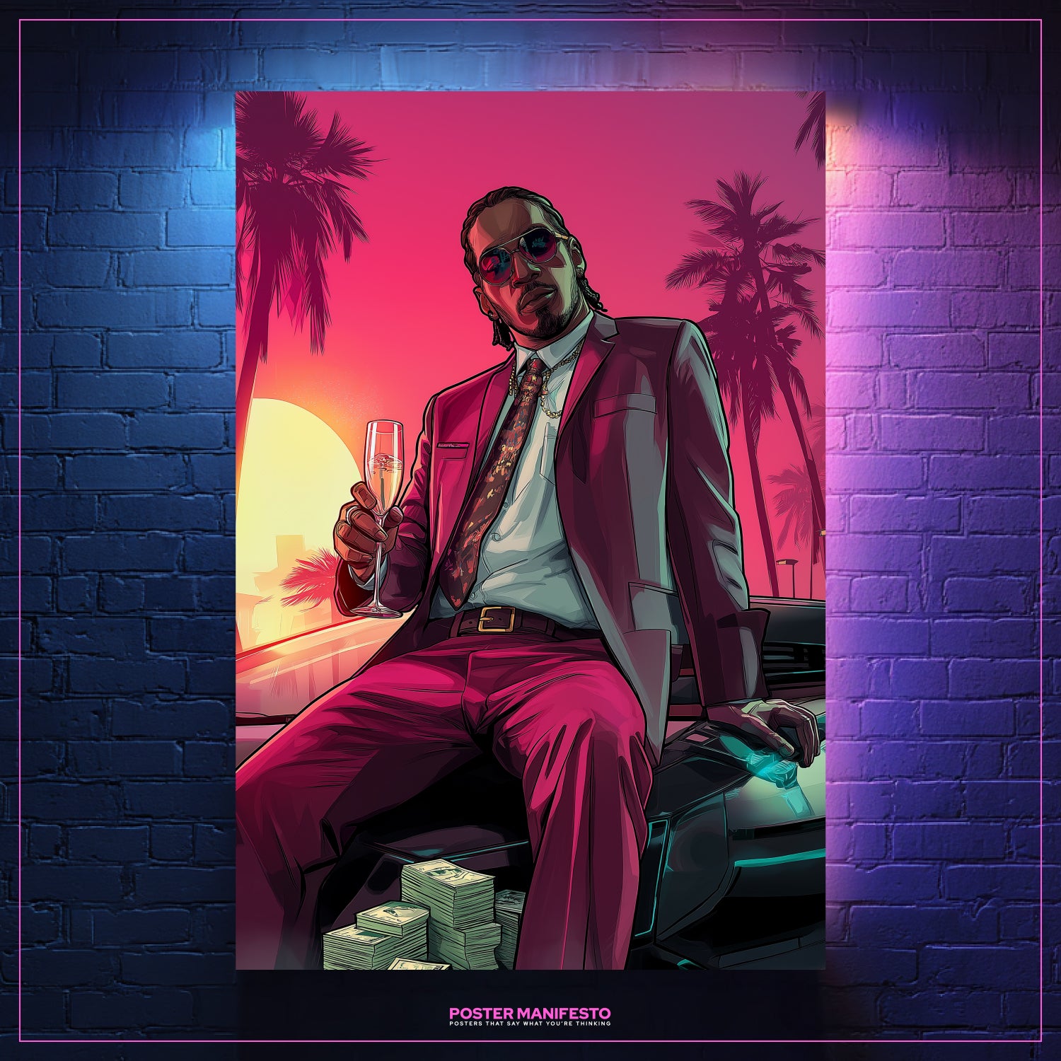 Hustle culture artwork of confident businessman in sunglasses against palm trees and glowing sunset.
