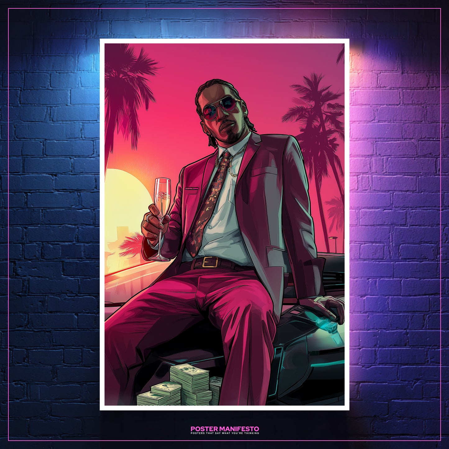 Luxury lifestyle wall art showing neon Miami setting with cash, champagne, and Lamborghini energy.