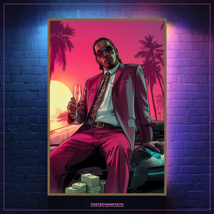 Bold poster of Champagne Lambo theme with neon sunset, confident figure, and hustle aesthetic.