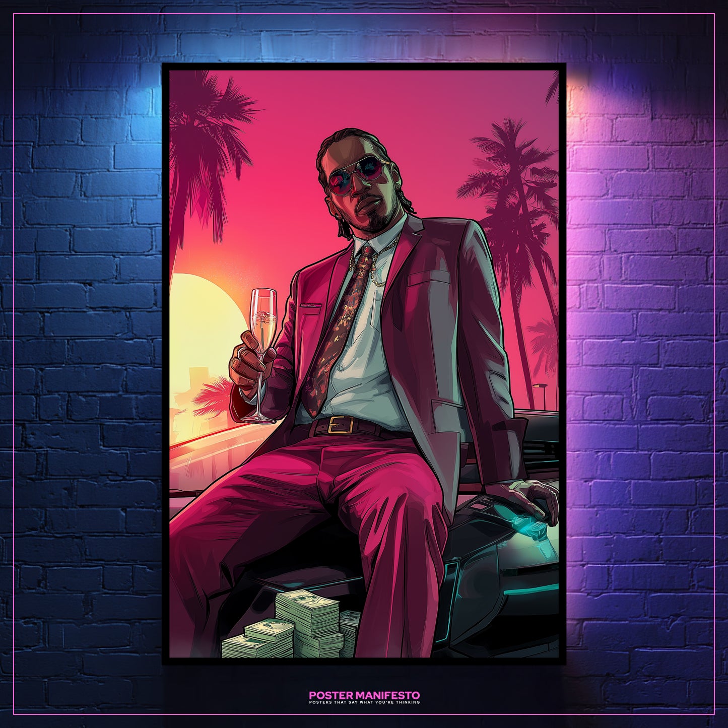 Man in a suit with a glass of champagne against a pink sunset and palm tree background, framed on a brick wall.