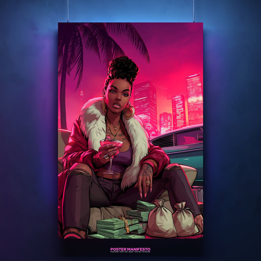 Neon Miami poster of a powerful woman with a martini, fur jacket, and stacks of cash by a luxury car.