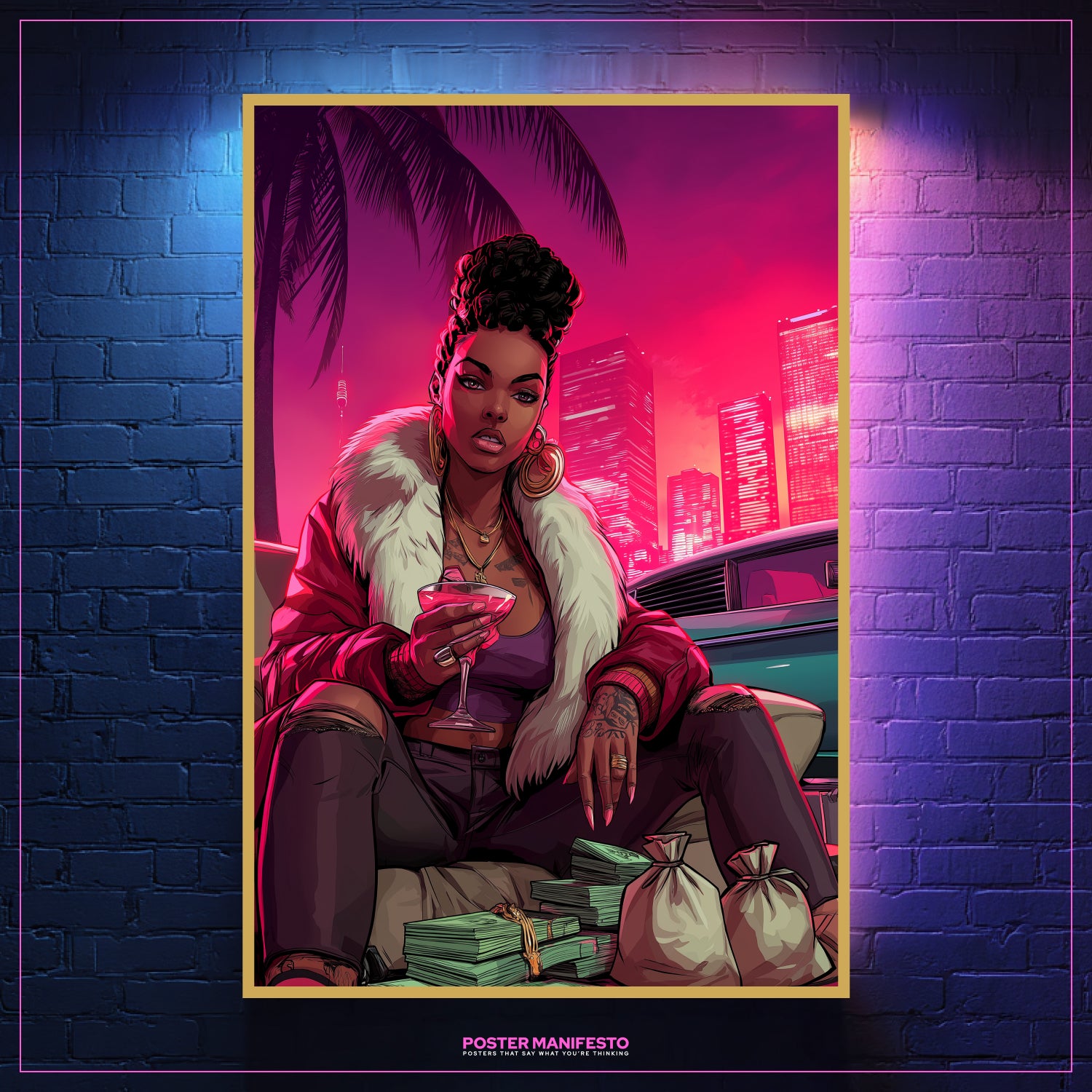 Bold feminine luxury décor of woman sipping martini with cash piles in a glowing Miami cityscape.