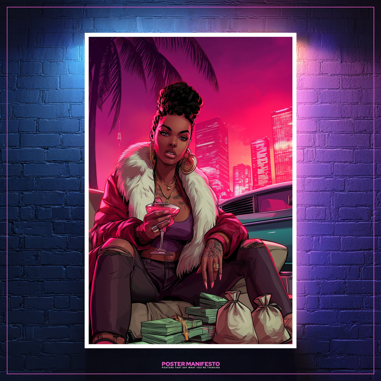 Retro-inspired hustle poster showing powerful woman in red jacket, martini in hand, and wealth imagery.