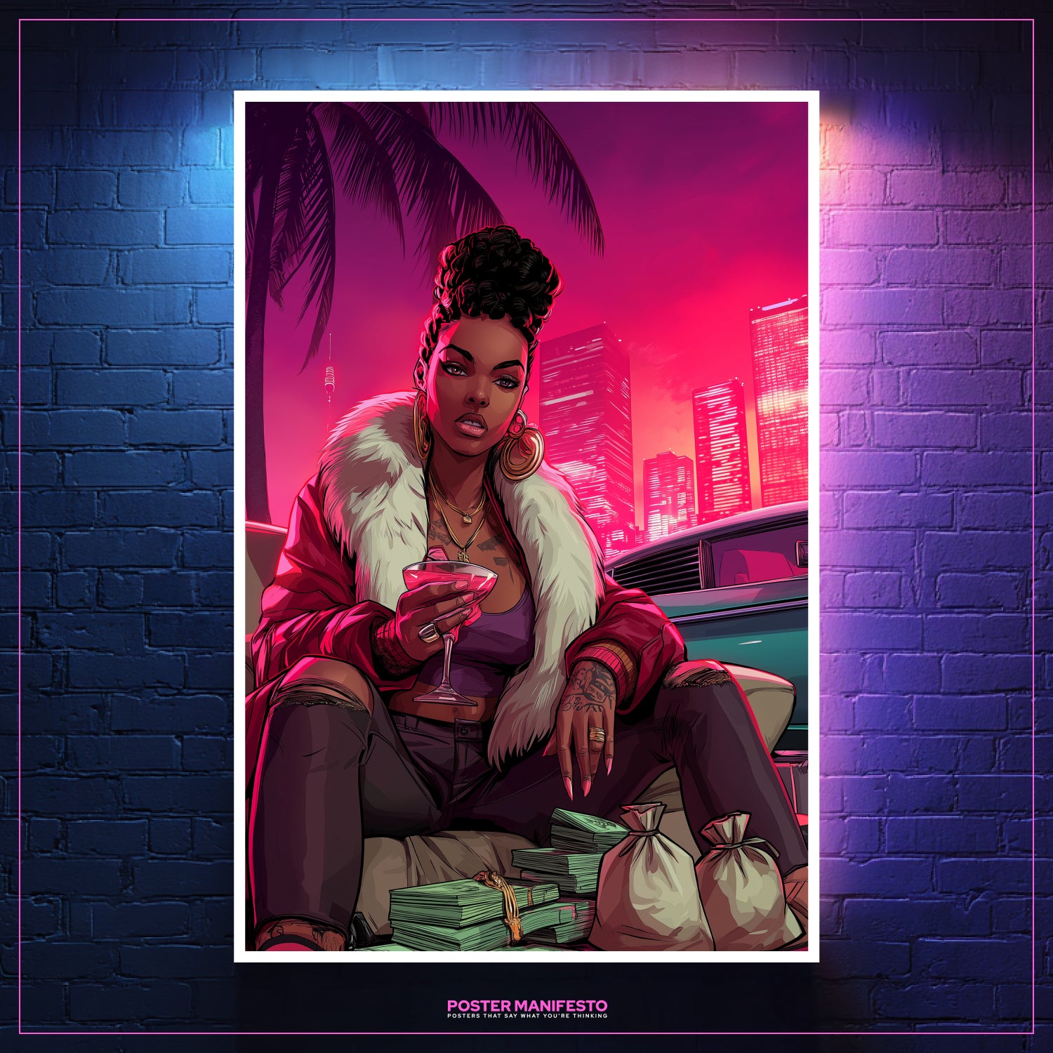 Retro-inspired hustle poster showing powerful woman in red jacket, martini in hand, and wealth imagery.