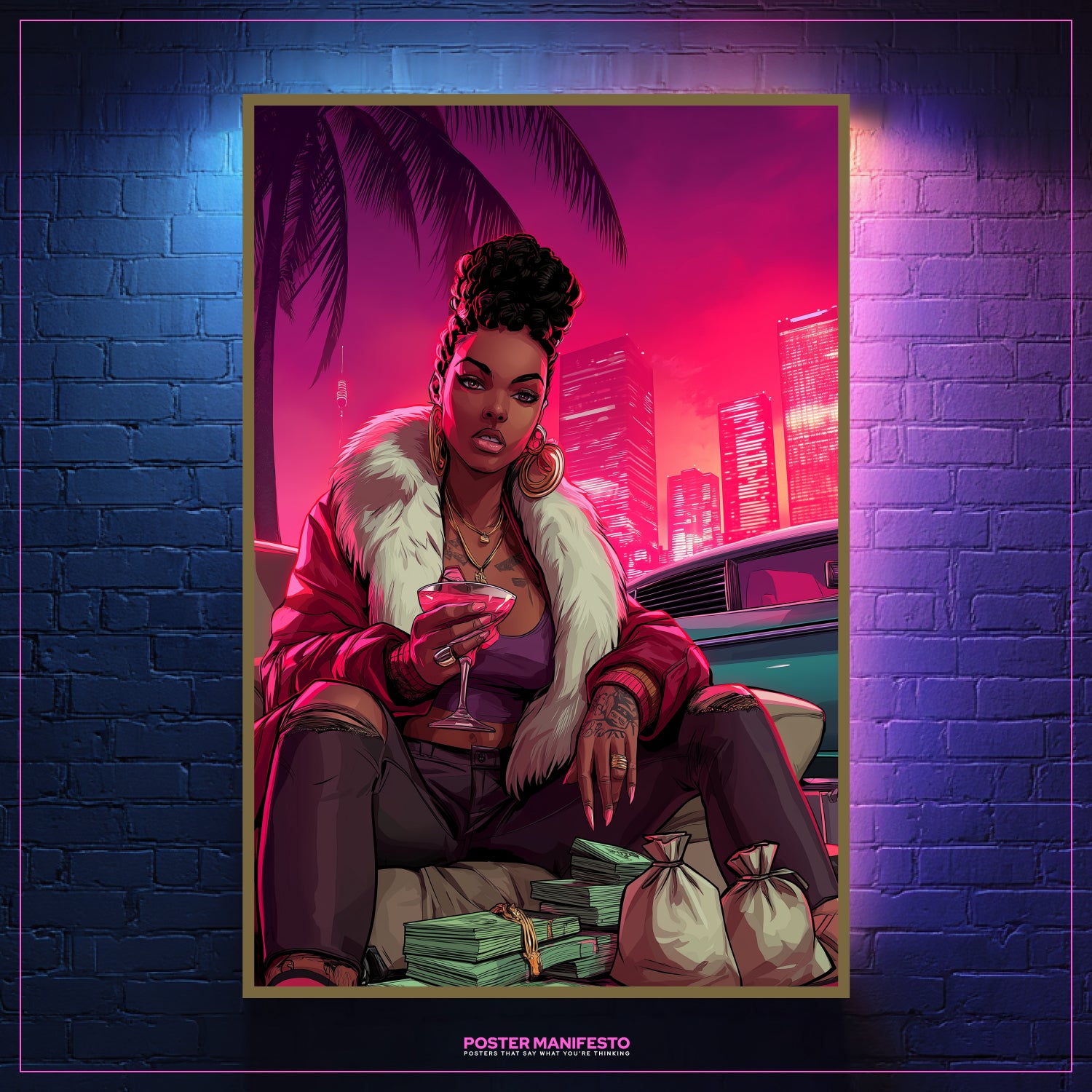 Urban luxury wall art of boss woman in neon Miami, surrounded by money and iconic nightlife vibes.