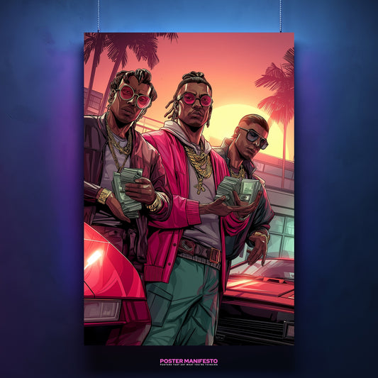 Neon Miami artwork of three hustlers holding stacks of cash in front of red luxury cars.