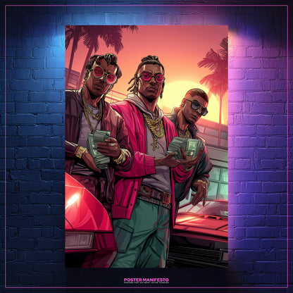 Bold poster of stylish men in gold chains and sunglasses with money in a retro Miami setting.