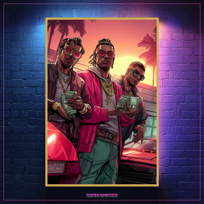 Hustle wall art featuring crew of three with cash stacks and Lamborghini at sunset.