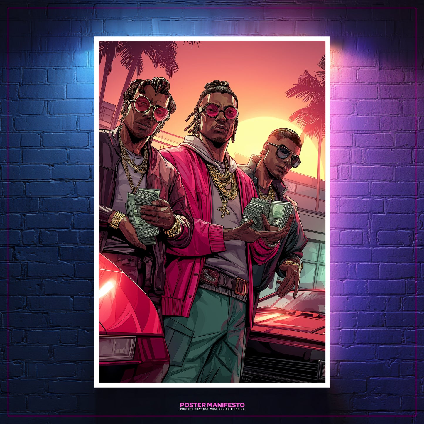 Luxury retro gangster poster showing group of men flaunting wealth in neon Miami.
