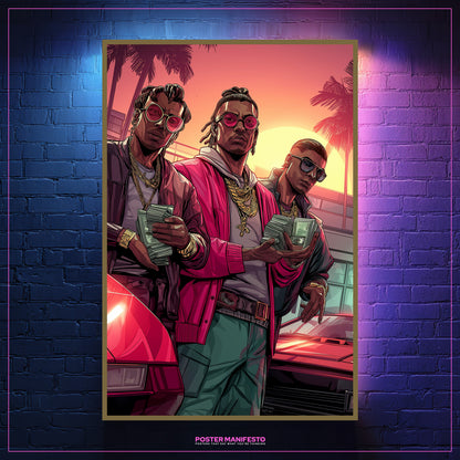 Urban hustle décor of Cash Kings trio in stylish outfits with cars and money power theme.