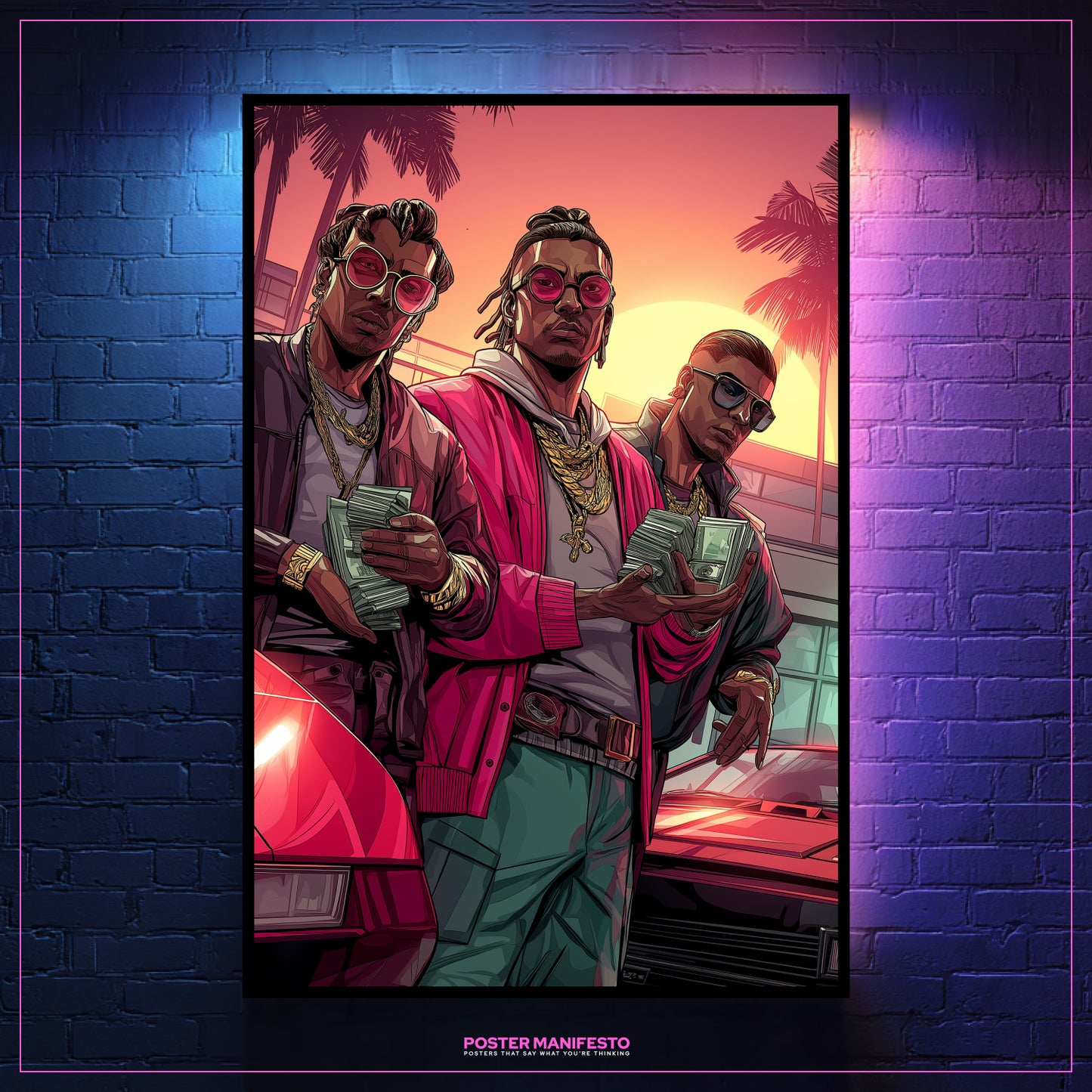 Illustration of three characters holding money in front of a car, with 'Poster Manifesto' branding.