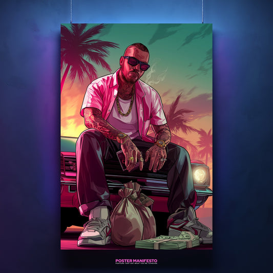 Poster artwork of a tattooed man with gold chains, money bags, and luxury car at sunset.