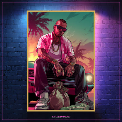 Bold neon artwork of crime boss with tattoos, gold watches, and palm tree background.