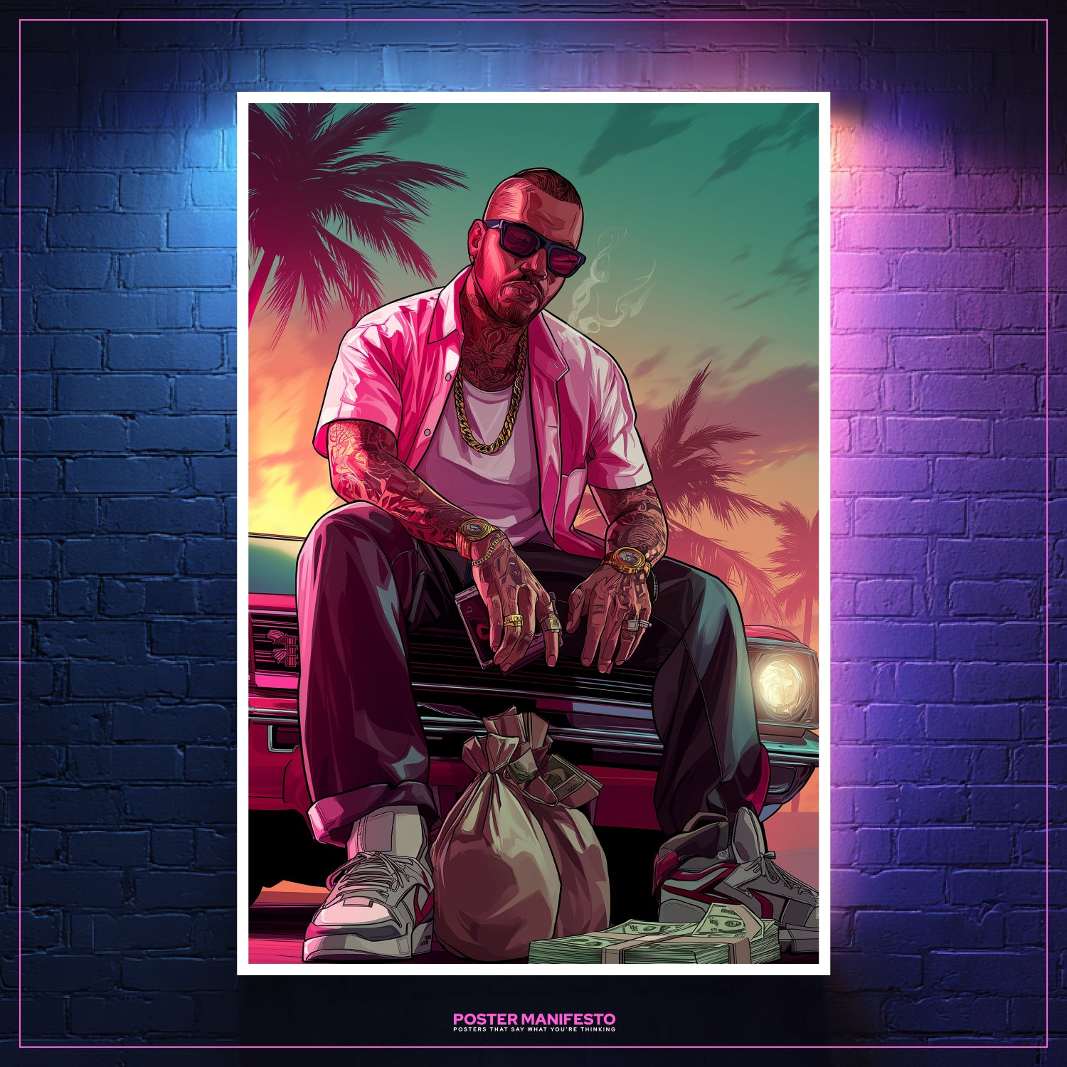 Retro Vice City-inspired wall art featuring hustler with cash and Miami sunset.