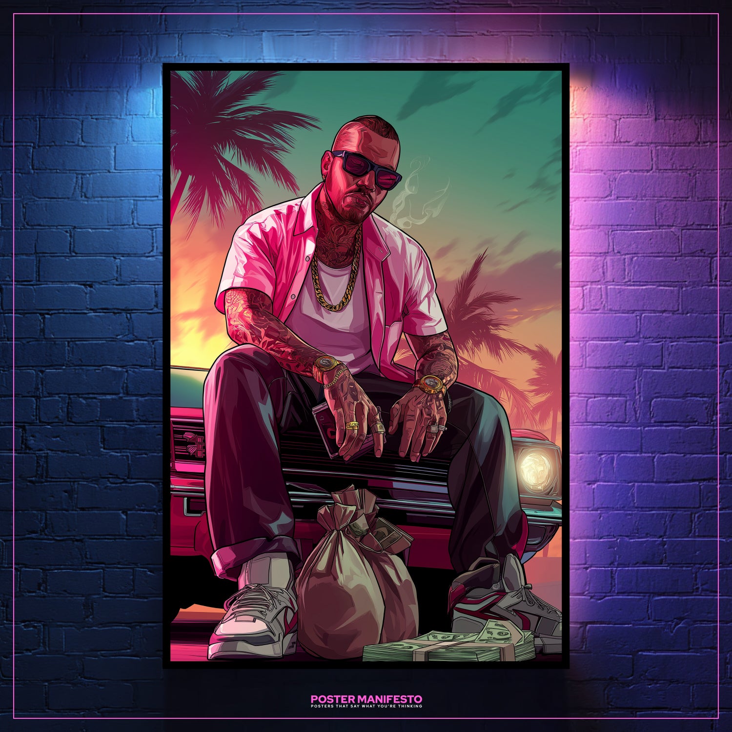 Man sitting on a car with a colorful background, framed against a brick wall.