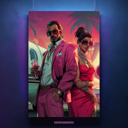 Poster of a luxury power couple in pink outfits standing by a private jet at sunset.