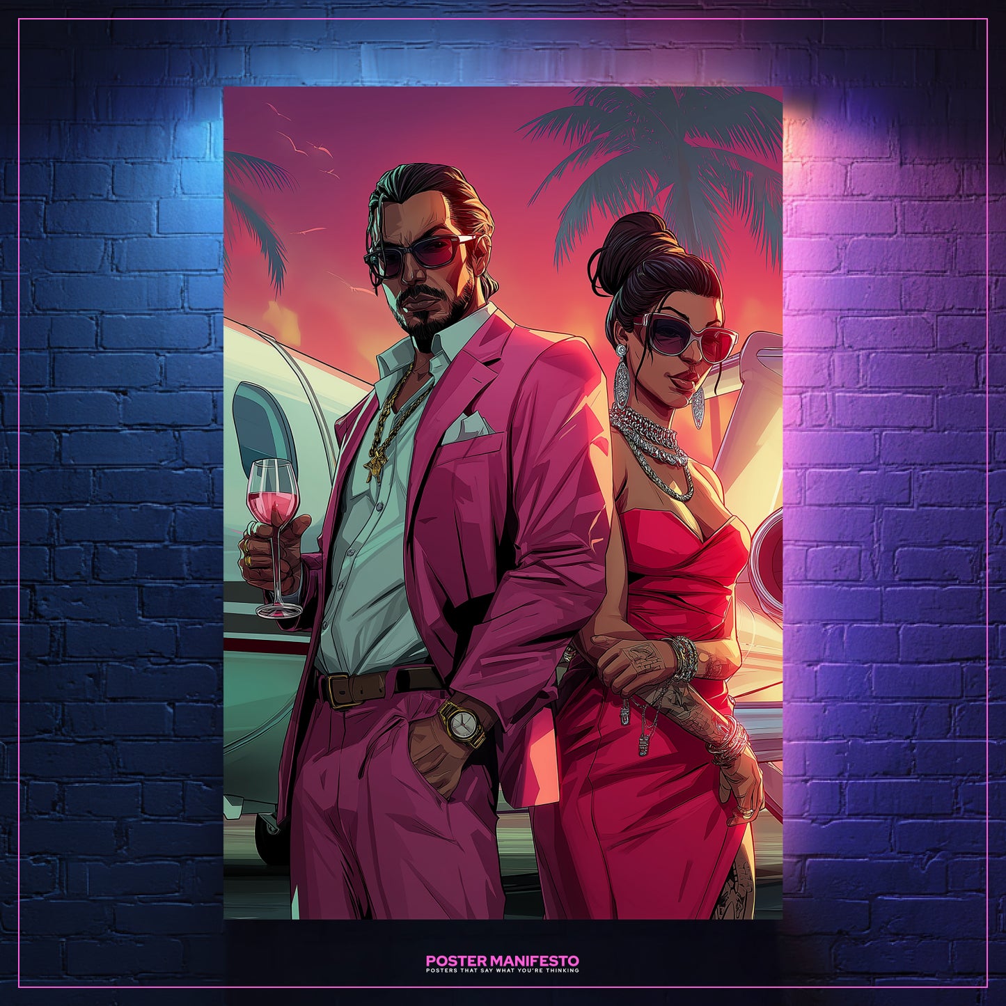 Miami-inspired neon artwork of man and woman in glamorous attire with wine glasses.