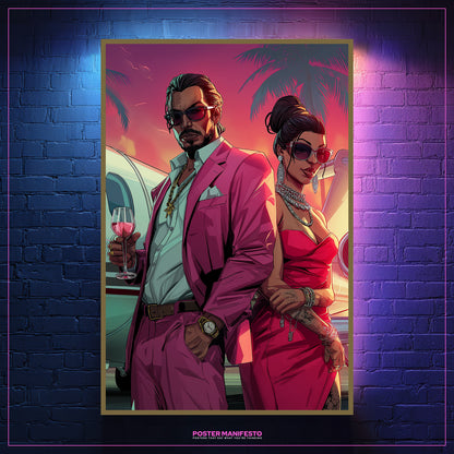 Luxury hustle lifestyle artwork of Jetset Lovers in neon sunset atmosphere.