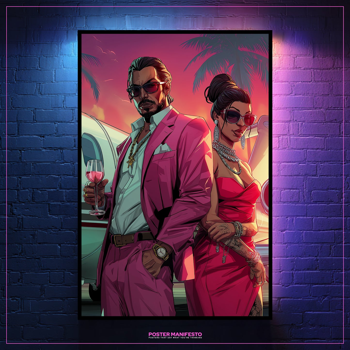 Artistic depiction of a man and woman in formal attire against a vibrant background, framed on a brick wall.