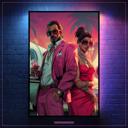 Artistic depiction of a man and woman in formal attire against a vibrant background, framed on a brick wall.