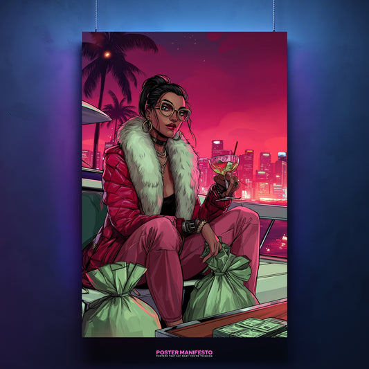 Poster of a confident woman in red fur-collared jacket holding a martini with city lights.