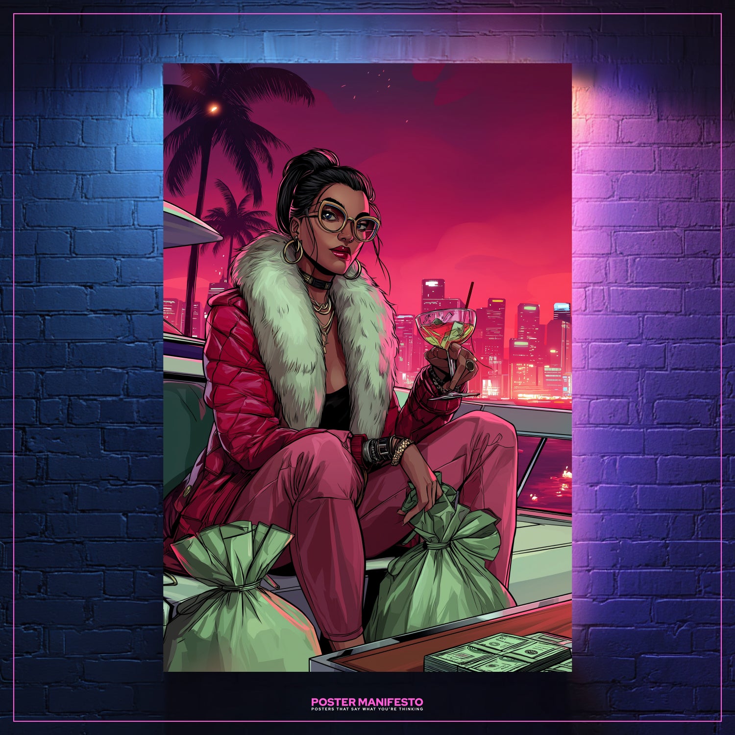 Neon Miami-inspired artwork of a glamorous woman surrounded by money bags.