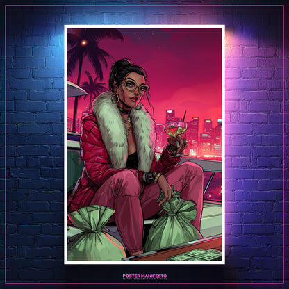 Bold female hustle artwork of woman in red outfit on yacht with skyline background.