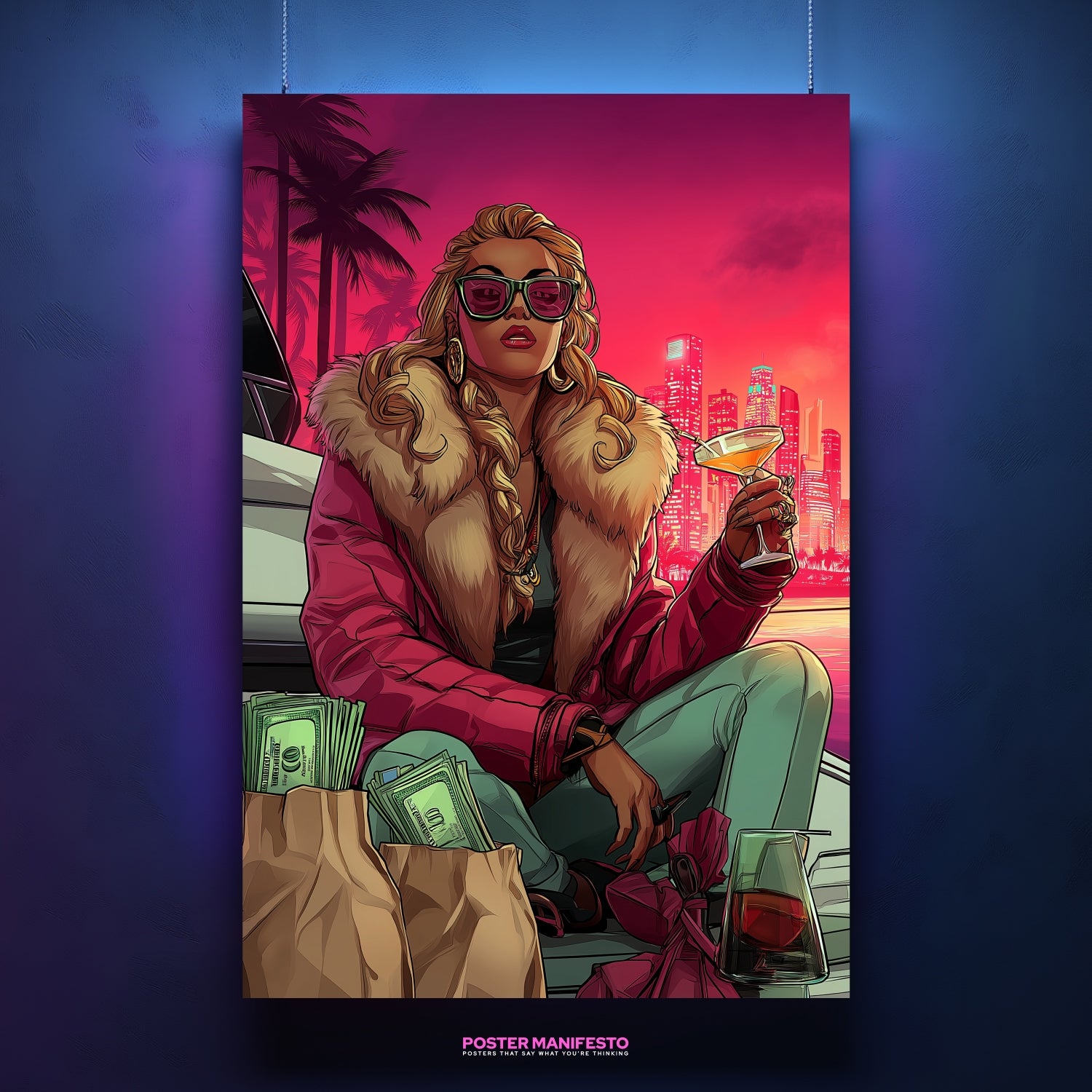 Poster of confident woman in fur-collared jacket holding martini with neon skyline backdrop.