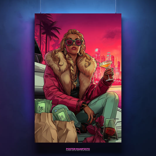 Poster of confident woman in fur-collared jacket holding martini with neon skyline backdrop.