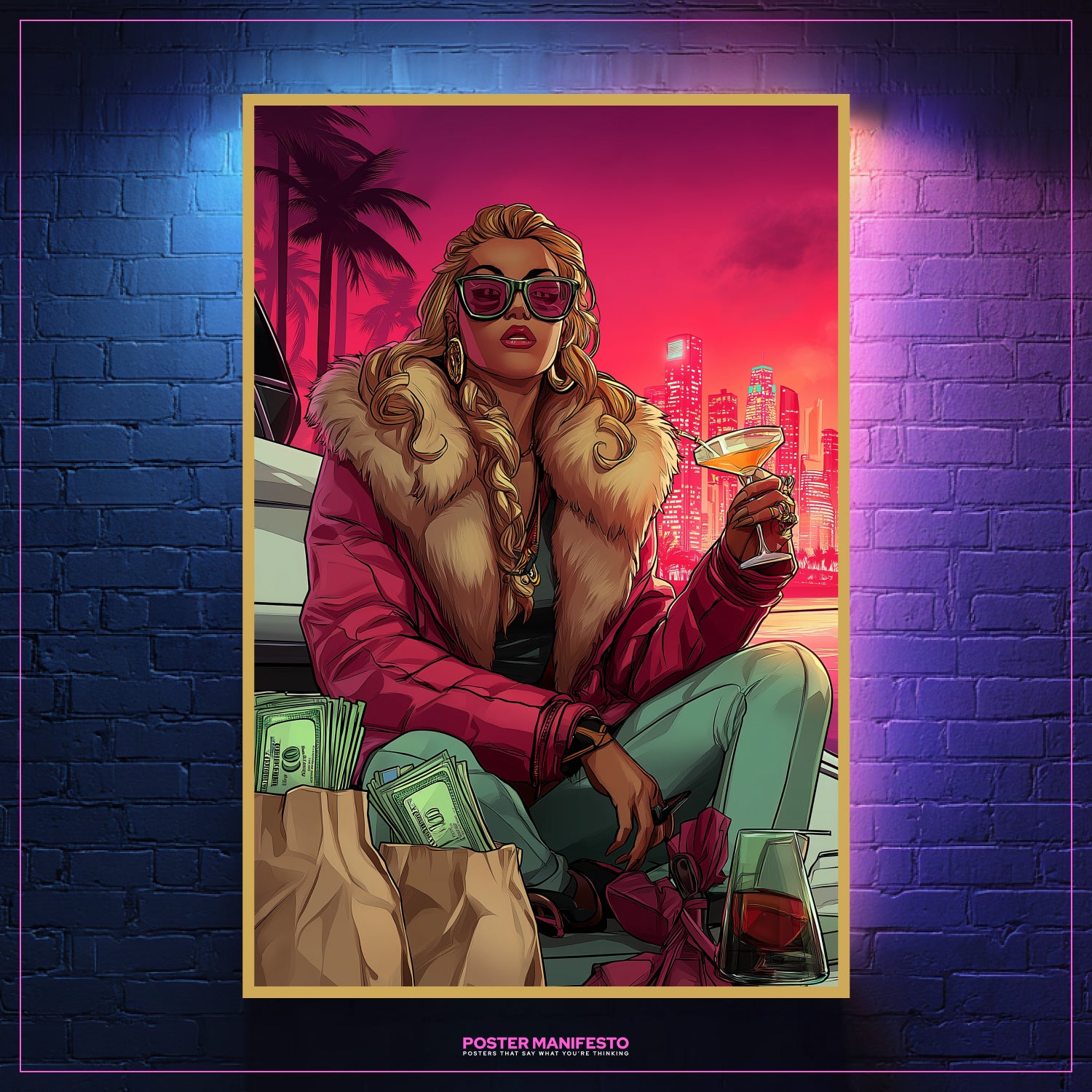 Golden Mirage poster representing ambition, power, and luxury in bold colors.