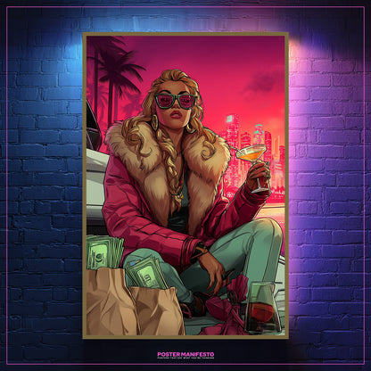 Hustle-inspired neon poster with fearless woman, luxury vibes, and money details.