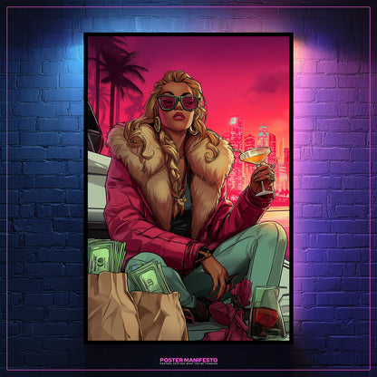 Illustration of a stylish woman with sunglasses, fur coat, and cocktail against a cityscape background.