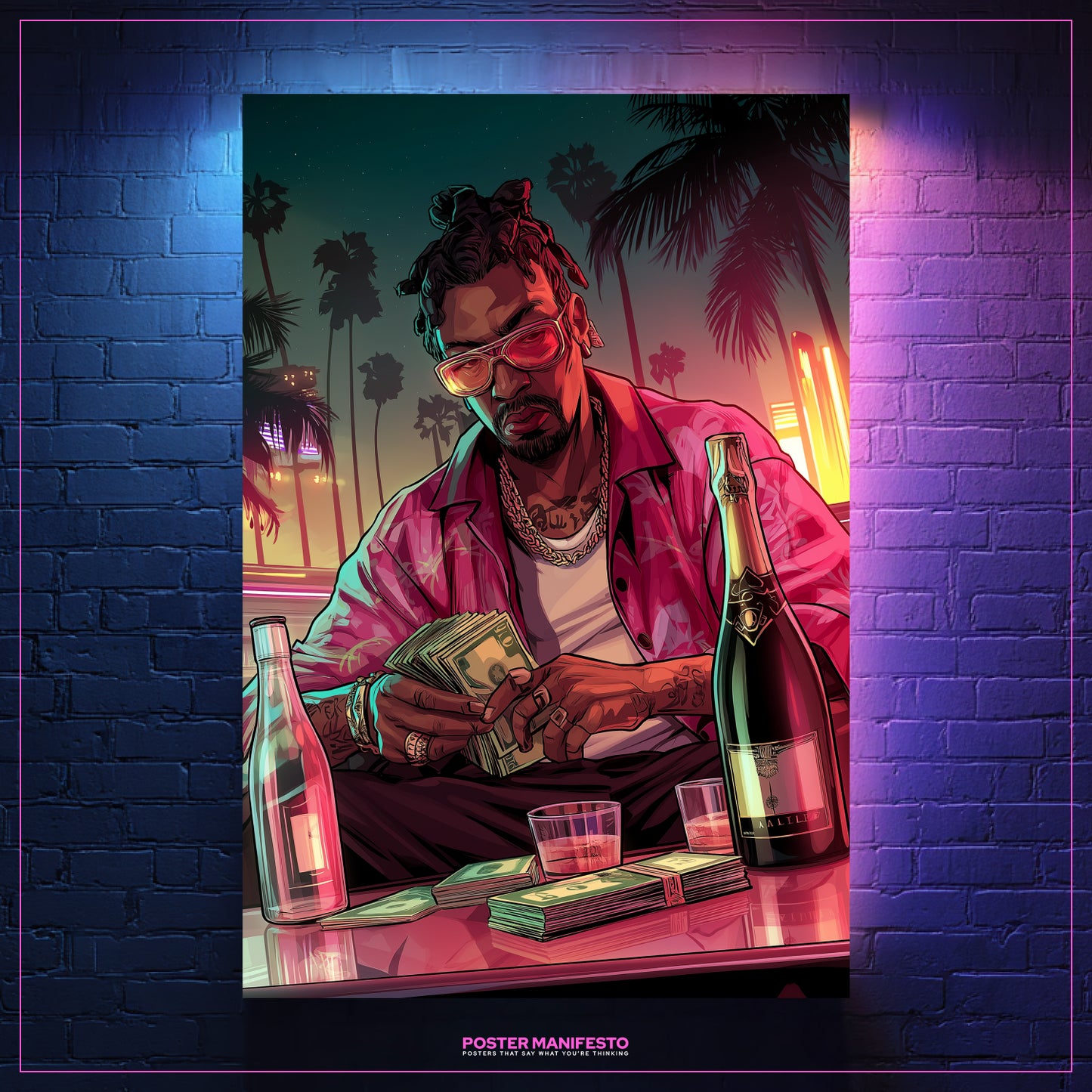 Neon hustle artwork featuring confident man with money, drinks, and nightlife energy.