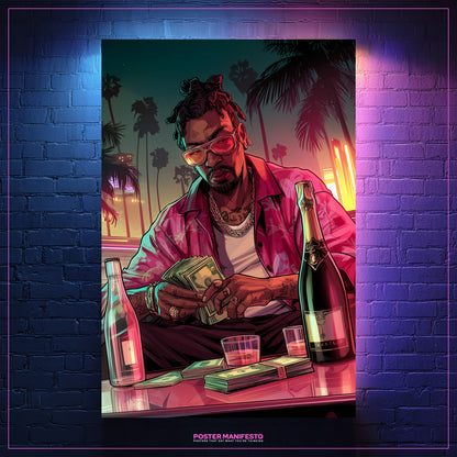 Neon hustle artwork featuring confident man with money, drinks, and nightlife energy.
