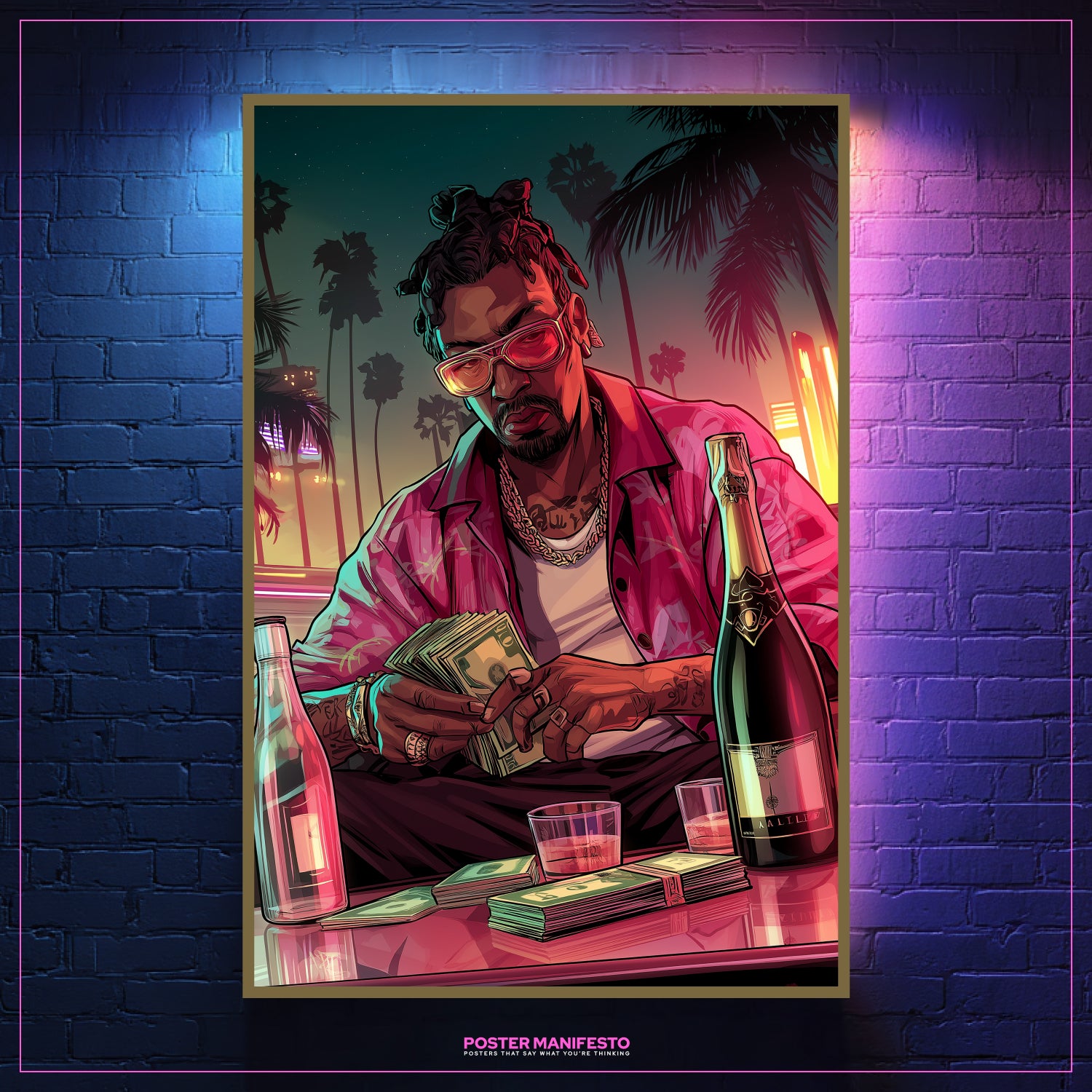 Hustle-inspired neon poster with bold nightlife atmosphere, money and champagne details.