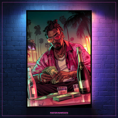 Framed artwork of a person holding money with bottles and glasses on a table, against a colorful background.