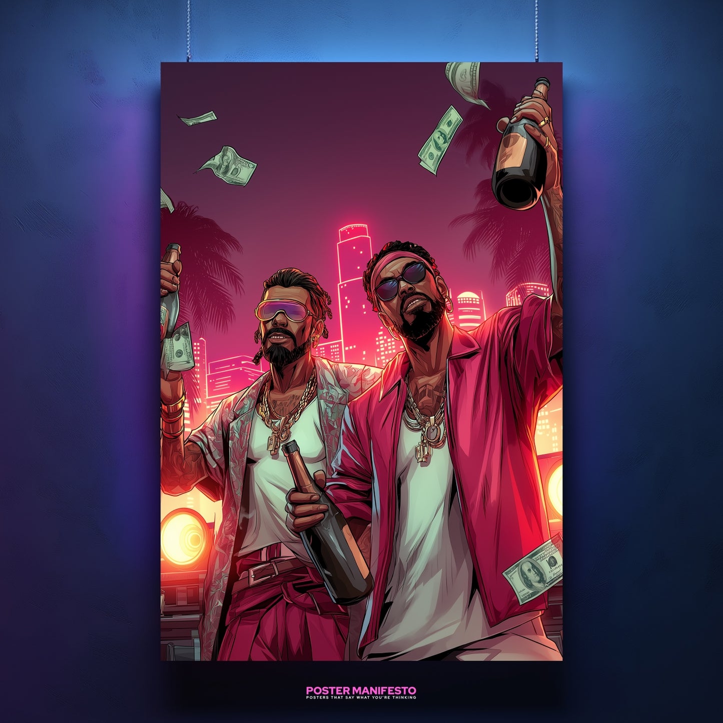 Poster of two men spraying champagne with money flying in neon city background.