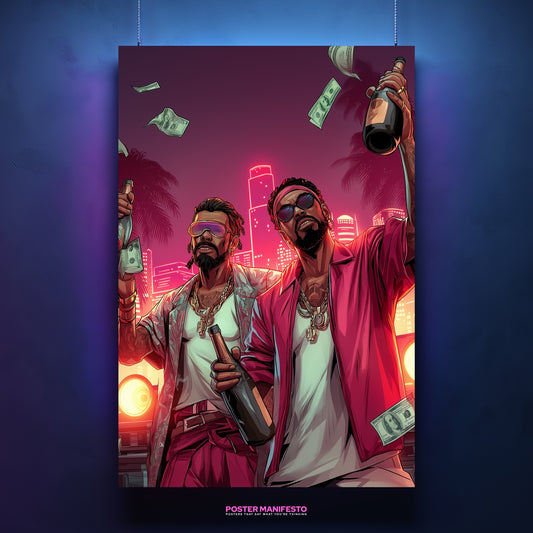 Poster of two men spraying champagne with money flying in neon city background.
