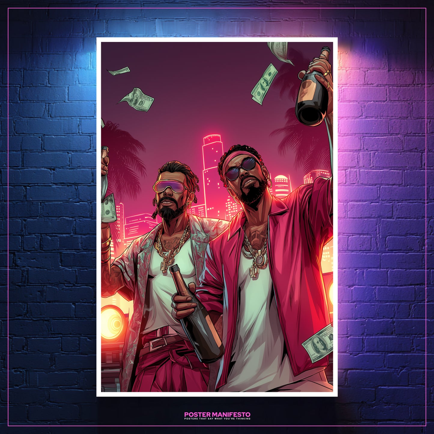 Hustle lifestyle neon poster featuring two men celebrating success in style.