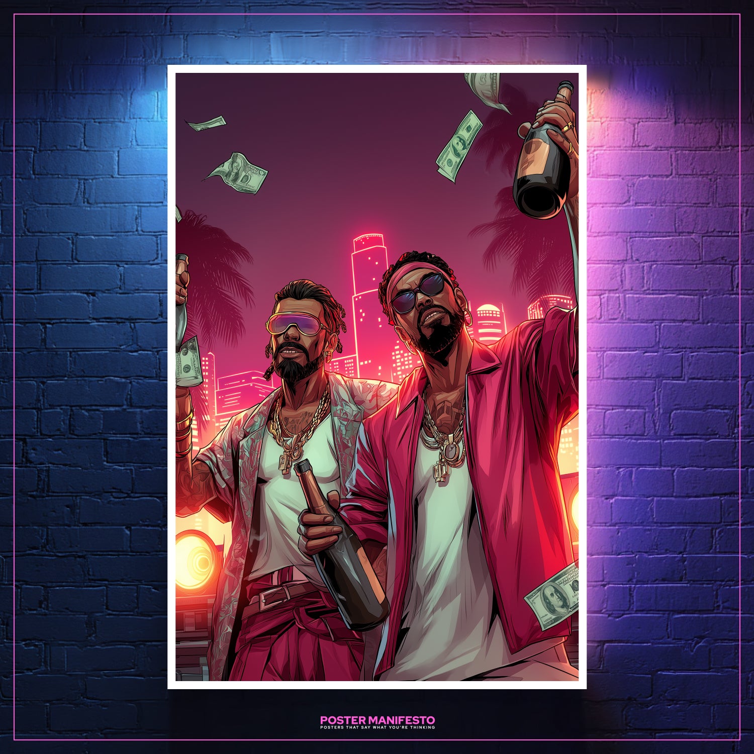 Hustle lifestyle neon poster featuring two men celebrating success in style.